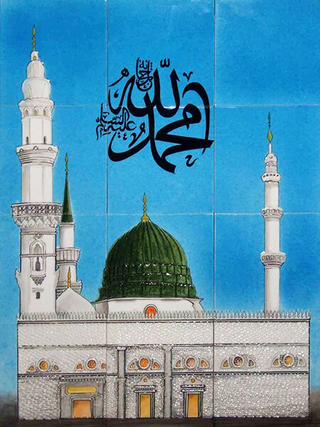 60x80 Medine-i Münevvere El Dekoru Cini Resim Kütahya iznik çinisi cami mihrap ayetli dekorasyon mosque hand made tiles decorations interior islamic art