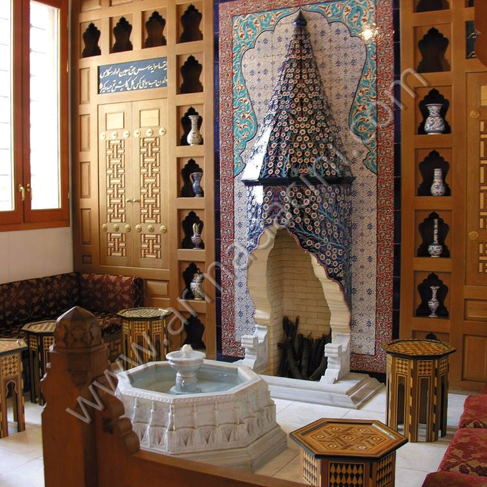 Villa İç Mimari Çinili Şömine Dizayn Örneği Kütahya ve iznik çinileri el yapımı çini karo çini pano çiniler seramik dekorasyon hand made interior tiles