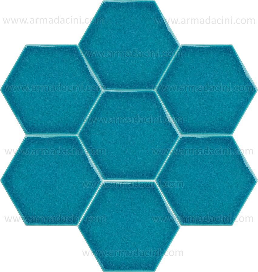 15x17 Düz Turkuaz Altıgen Renkli Çini Karo Çatlak Sırlı