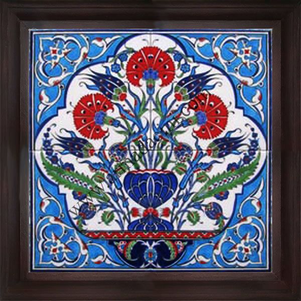 40x40 iznik Uc Karanfil Çini Desenli El Dekoru 407 Cini Pano Kütahya çinileri el yapımı çini karo türk çini sanatı desenleri osmanlı motifleri türk hamamı çini pano banyo mutfak çiniler seramik otel ev cami metro dekorasyon mosque masjid hand made interior ceramic tiles decoration turkısh bath bathroom fiyatları