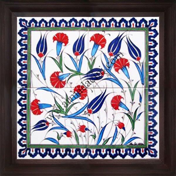 40x40 iznik Laleleri Çini Desenli El Dekoru 408 Pano Cini Pano Kütahya çinileri el yapımı çini karo türk çini sanatı desenleri osmanlı motifleri türk hamamı çini pano banyo mutfak çiniler seramik otel ev cami metro dekorasyon mosque masjid hand made interior ceramic tiles decoration turkısh bath bathroom fiyatları