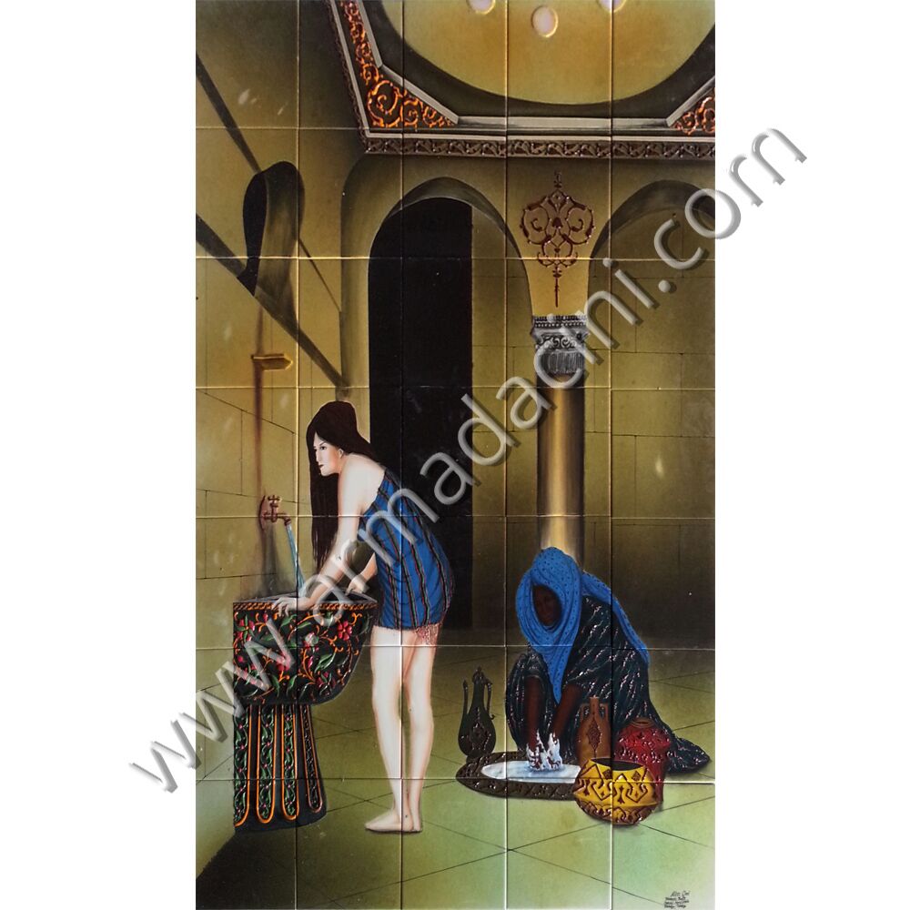 100x140 Türk Hamamı Mavili Cariye Elyapımı Cini Pano Kütahya ve iznik çinileri el yapımı çini karo klasik türk çini sanatı desenleri osmanlı motifleri türk hamamı çini pano banyo mutfak tezgah arası çiniler seramik dekorasyon hand made interior ceramic tiles decoration turkısh bath bathroom çini örnekleri saray cariye