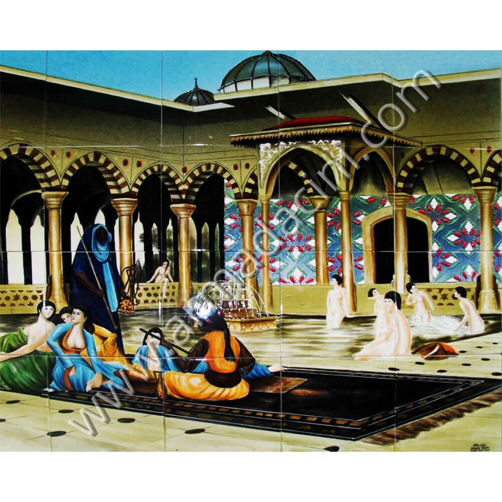 100x80 Osmanlı Sarayı Avluda Kızlar Cini Pano Kütahya ve iznik çinileri el yapımı çini karo klasik türk çini sanatı desenleri osmanlı motifleri türk hamamı çini pano banyo mutfak tezgah arası çiniler seramik dekorasyon hand made interior ceramic tiles decoration turkısh bath bathroom çini örnekleri saray cariye