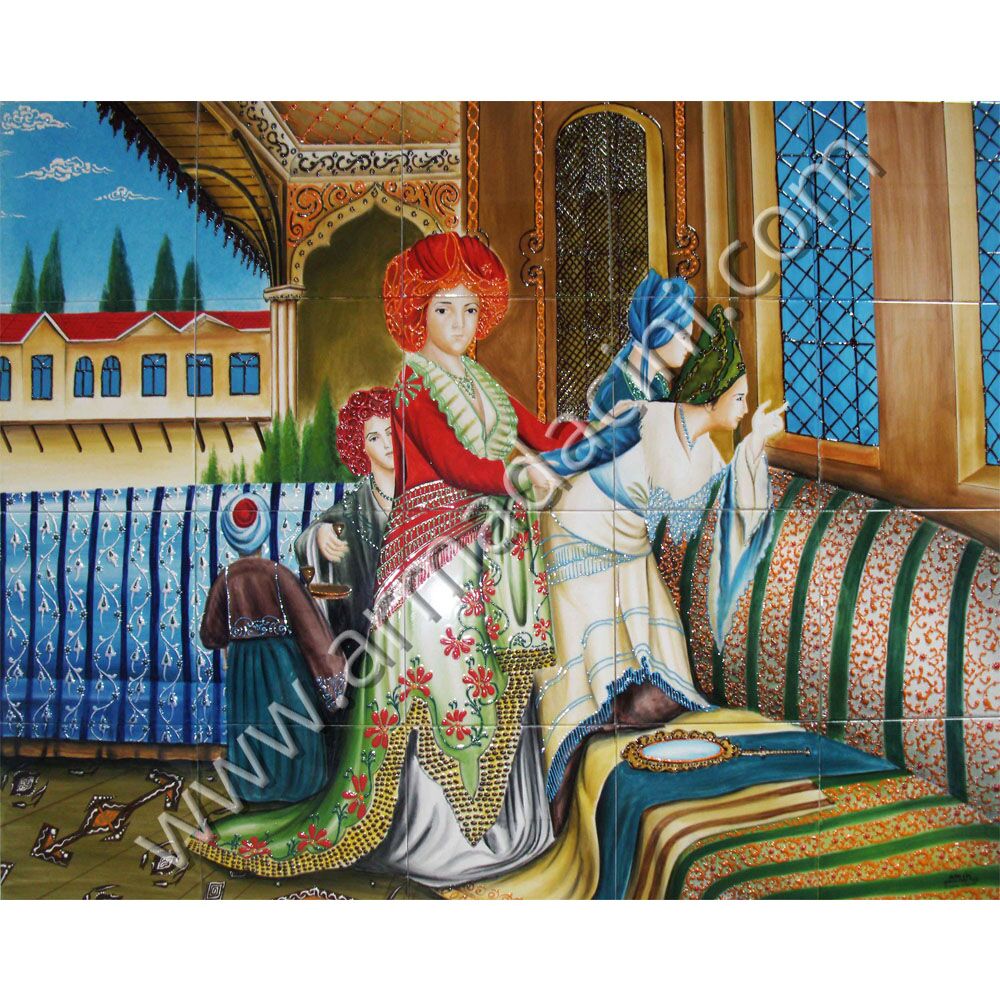 100x80 Osmanlı Hurrem Sultan El Dekoru Cini Pano Kütahya ve iznik çinileri el yapımı çini karo klasik türk çini sanatı desenleri osmanlı motifleri türk hamamı çini pano banyo mutfak tezgah arası çiniler seramik dekorasyon hand made interior ceramic tiles decoration turkısh bath bathroom çini örnekleri saray cariye