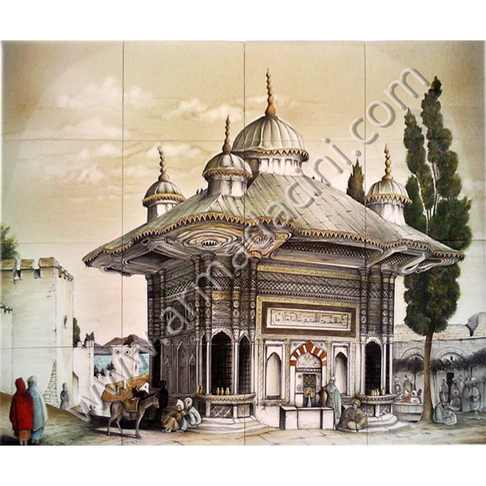 120x100 Sultan Ahmet Cesmesi Eldekoru Cini Pano Kütahya ve iznik çinileri el yapımı çini karo klasik türk çini sanatı desenleri osmanlı motifleri türk hamamı çini pano banyo mutfak tezgah arası çiniler seramik dekorasyon hand made interior ceramic tiles decoration turkısh bath bathroom çini örnekleri saray cariye