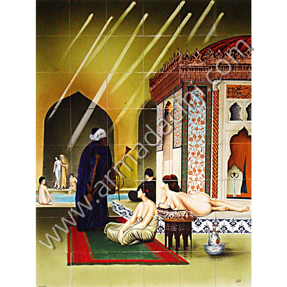 120x160 Osmanlı Nargileci Kadın ve Gozdeler Cini Pano Kütahya ve iznik çinileri el yapımı çini karo klasik türk çini sanatı desenleri osmanlı motifleri türk hamamı çini pano banyo mutfak tezgah arası çiniler seramik dekorasyon hand made interior ceramic tiles decoration turkısh bath bathroom çini örnekleri saray cariye