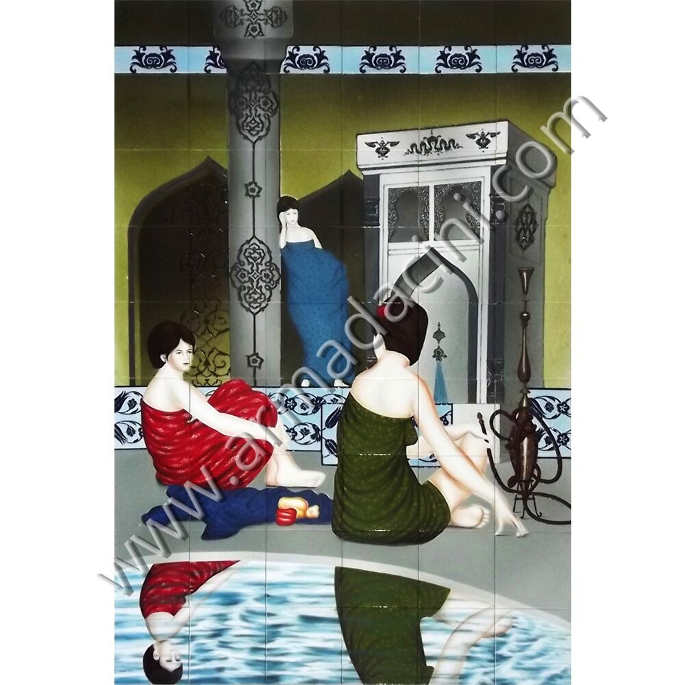 120x180 Türk Hamamı 2 Cariye Sohbeti Cini Pano Kütahya ve iznik çinileri el yapımı çini karo klasik türk çini sanatı desenleri osmanlı motifleri türk hamamı çini pano banyo mutfak tezgah arası çiniler seramik dekorasyon hand made interior ceramic tiles decoration turkısh bath bathroom çini örnekleri saray cariye