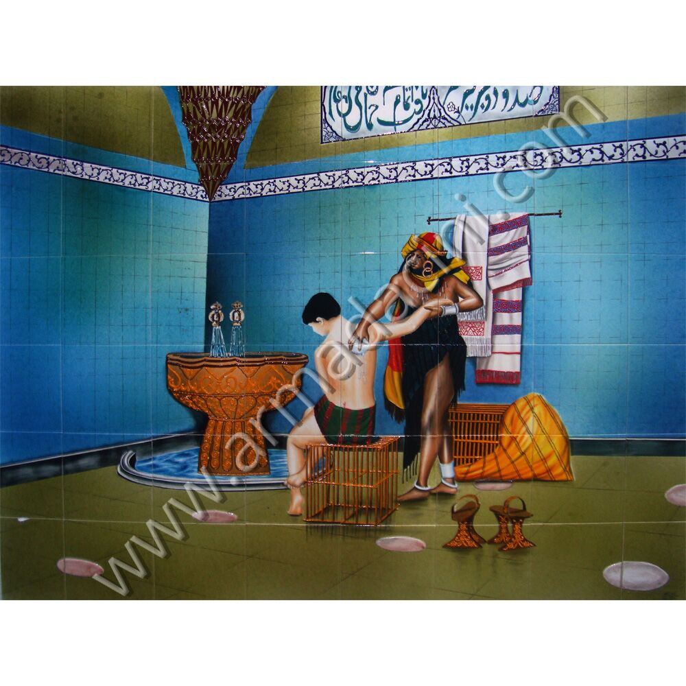 160x120 Hamamda Kese Yapan Kadın Cini Pano Kütahya ve iznik çinileri el yapımı çini karo klasik türk çini sanatı desenleri osmanlı motifleri türk hamamı çini pano banyo mutfak tezgah arası çiniler seramik dekorasyon hand made interior ceramic tiles decoration turkısh bath bathroom çini örnekleri saray cariye