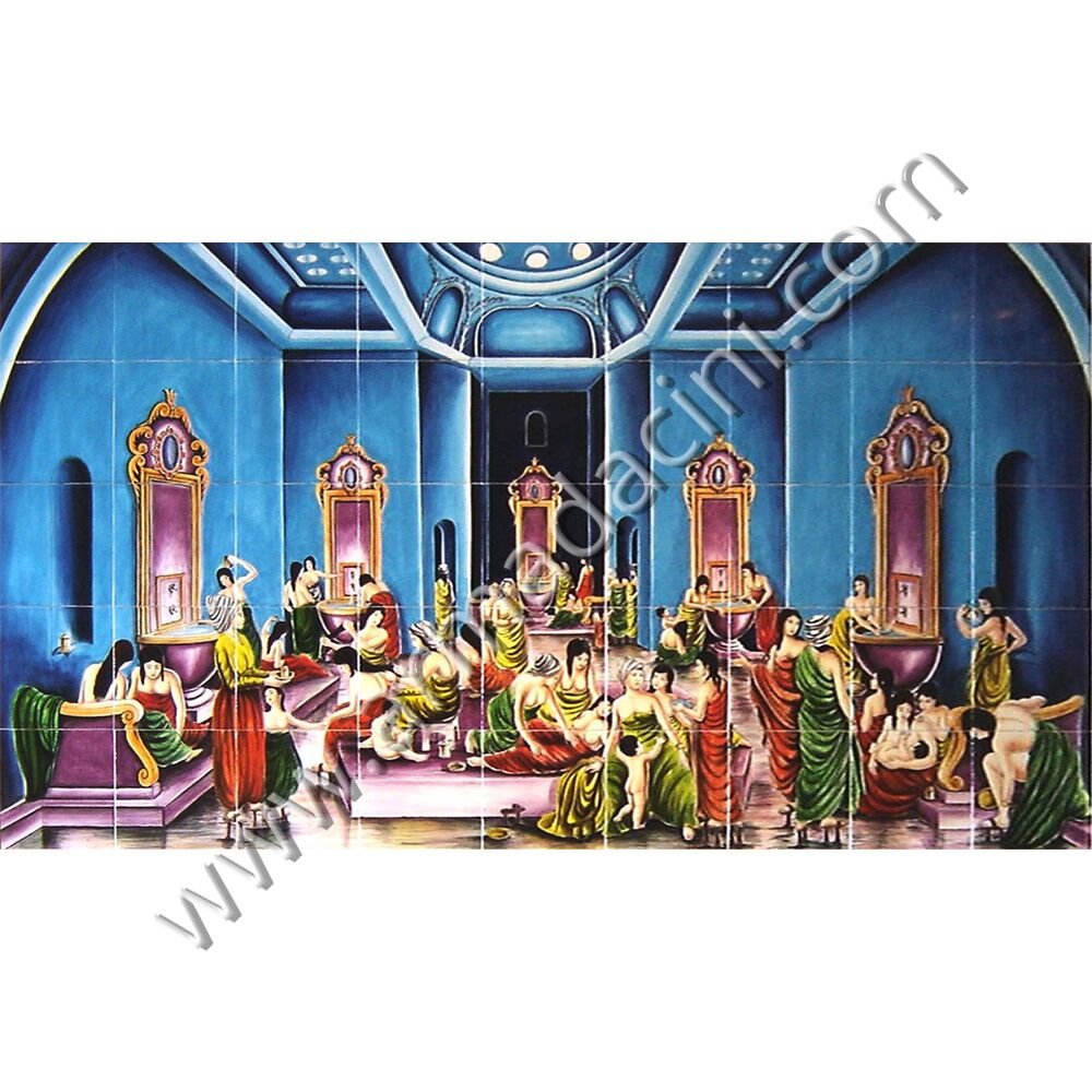 180x100 Osmanlı Cariye Düğün Hamamı Cini Pano Kütahya ve iznik çinileri el yapımı çini karo klasik türk çini sanatı desenleri osmanlı motifleri türk hamamı çini pano banyo mutfak tezgah arası çiniler seramik dekorasyon hand made interior ceramic tiles decoration turkısh bath bathroom çini örnekleri saray cariye