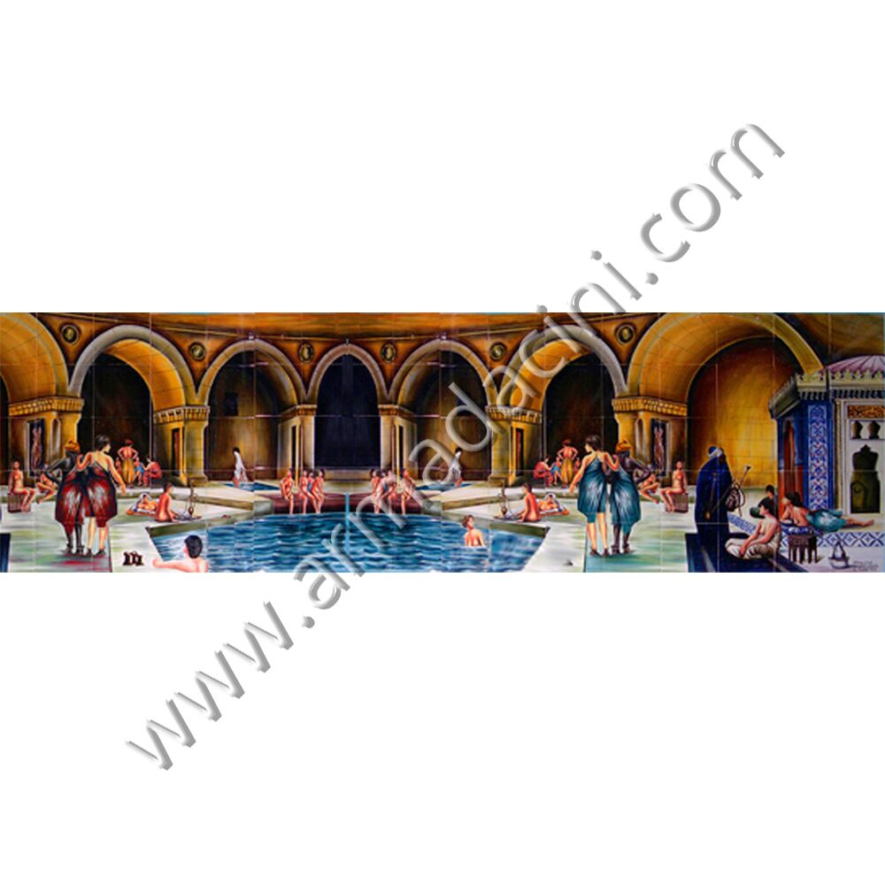 Ozel El dekoru Havuz Bası Muhabbeti Cini Pano Kütahya ve iznik çinileri el yapımı çini karo klasik türk çini sanatı desenleri osmanlı motifleri türk hamamı çini pano banyo mutfak tezgah arası çiniler seramik dekorasyon hand made interior ceramic tiles decoration turkısh bath bathroom çini örnekleri saray cariye