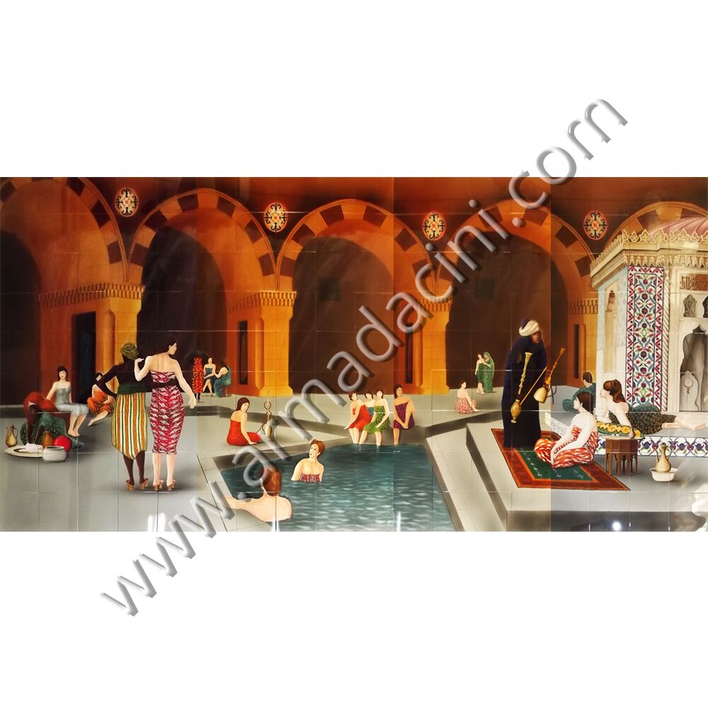 Ozel El dekoru Hamamda Havuz Muhabbeti Cini Pano Kütahya ve iznik çinileri el yapımı çini karo klasik türk çini sanatı desenleri osmanlı motifleri türk hamamı çini pano banyo mutfak tezgah arası çiniler seramik dekorasyon hand made interior ceramic tiles decoration turkısh bath bathroom çini örnekleri saray cariye