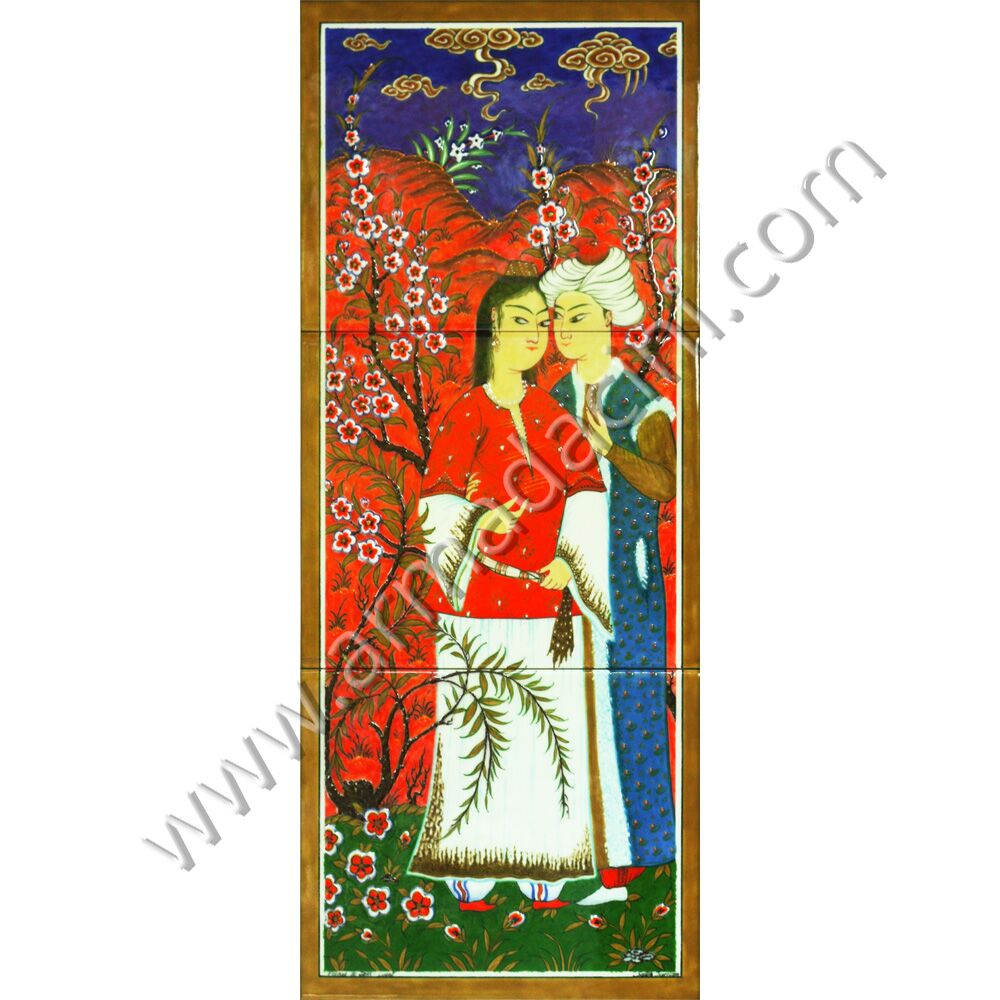 40x100 Ferhat ile Sirin El Yapımı Cini Pano minyatür Kütahya ve iznik çinileri el yapımı çini karo klasik türk çini sanatı desenleri osmanlı motifleri türk hamamı çini pano banyo mutfak çiniler seramik dekorasyon hand made interior ceramic tiles decoration turkısh bath bathroom çini fiyatları satıcıları fabrikalar