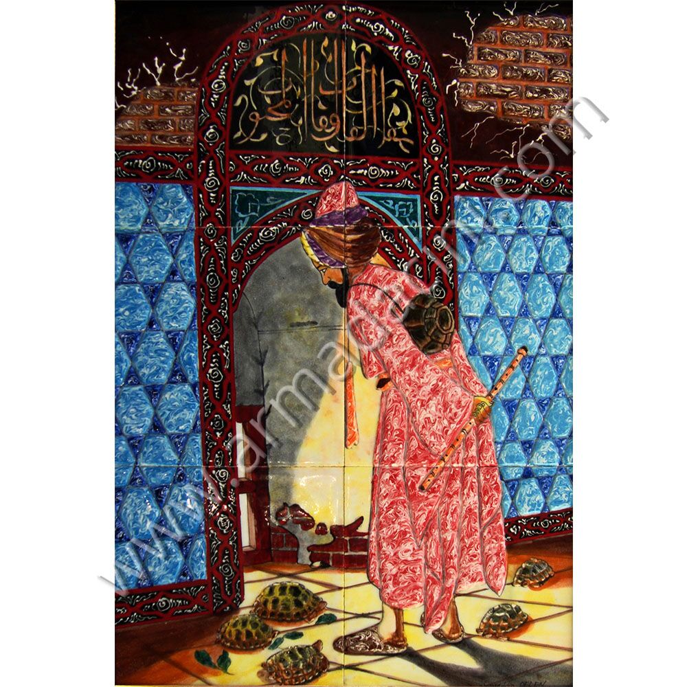 İznik çini,40x60 Osman Hamdi Kaplumbaga Terbiyecisi Ebrulu Cini Kütahya ve iznik çinileri el yapımı çini karo klasik türk çini sanatı desenleri osmanlı motifleri türk hamamı çini pano banyo mutfak çiniler seramik dekorasyon hand made interior ceramic tiles decoration turkısh bath bathroom çini fiyatları satıcıları fabrikalar