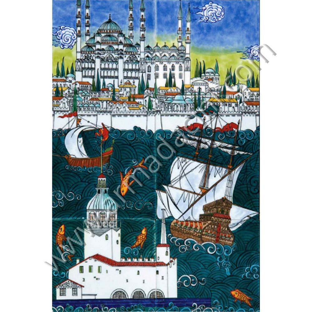 40x60 istanbul Kız Kulesi Desenli El Dekoru Cini Pano Kütahya ve iznik çinileri el yapımı çini karo klasik türk çini sanatı desenleri osmanlı motifleri türk hamamı çini pano banyo mutfak çiniler seramik dekorasyon hand made interior ceramic tiles decoration turkısh bath bathroom çini fiyatları satıcıları fabrikalar