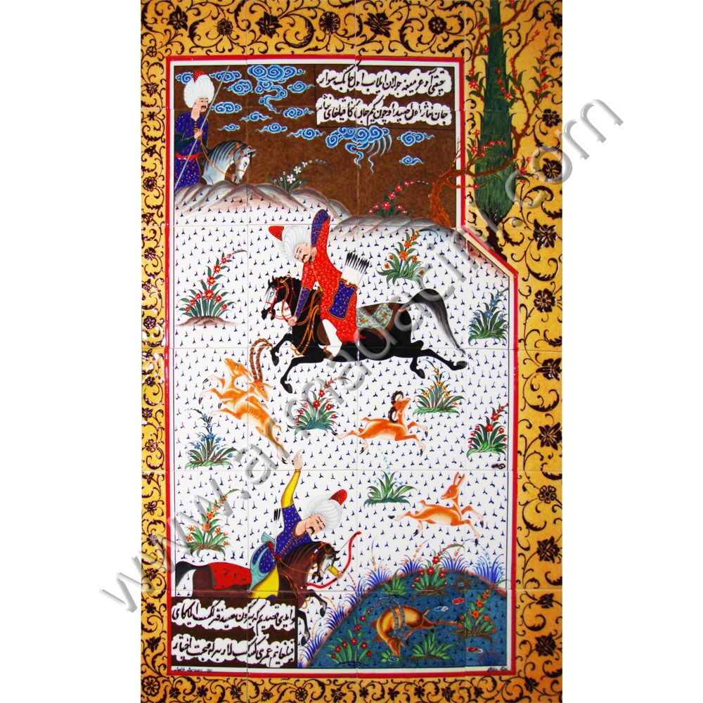 60x100 Fatih Sultan Mehmet Av Sahnesi El Dekoru Cini Kütahya ve iznik çinileri el yapımı çini karo klasik türk çini sanatı desenleri osmanlı motifleri türk hamamı çini pano banyo mutfak çiniler seramik dekorasyon hand made interior ceramic tiles decoration turkısh bath bathroom çini fiyatları satıcıları fabrikalar