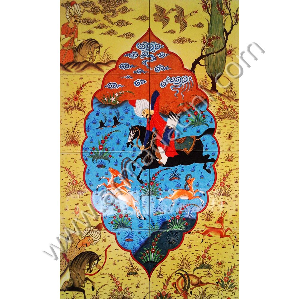 60x100 Osmanlı Av Sahnesi Damla Minyatur Cini Pano Kütahya ve iznik çinileri el yapımı çini karo klasik türk çini sanatı desenleri osmanlı motifleri türk hamamı çini pano banyo mutfak tezgah arası çiniler seramik dekorasyon hand made interior ceramic tiles decoration turkısh bath bathroom çini örnekleri saray cariye