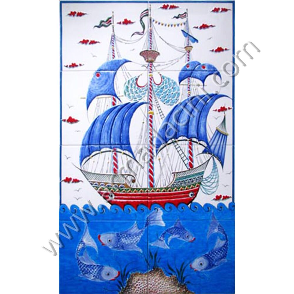 60x100 Osmanlı Balıklı Kalyon El Dekoru Cini Pano Kütahya ve iznik çinileri el yapımı çini karo klasik türk çini sanatı desenleri osmanlı motifleri türk hamamı çini pano banyo mutfak tezgah arası çiniler seramik dekorasyon hand made interior ceramic tiles decoration turkısh bath bathroom çini örnekleri saray cariye