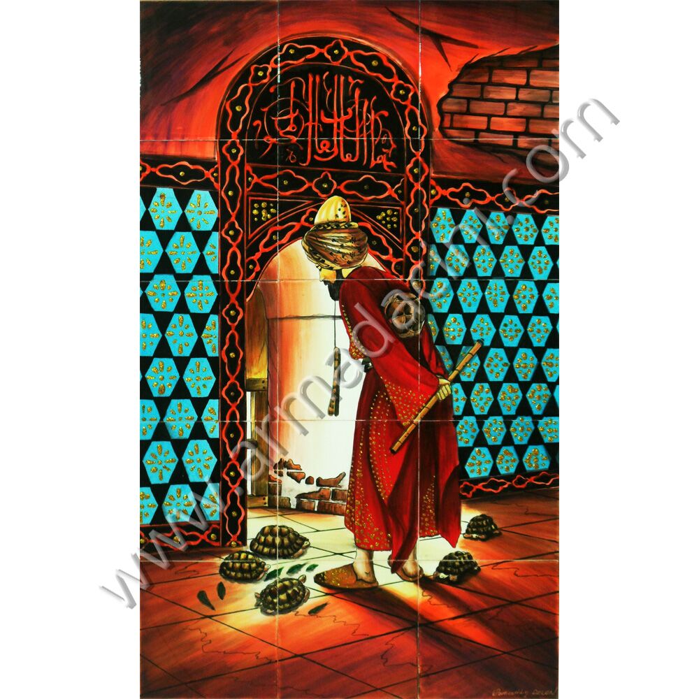 60x100 Osman Hamdi Bey Kaplumbaga Terbiyecisi Kütahya ve iznik çinileri el yapımı çini karo klasik türk çini sanatı desenleri osmanlı motifleri türk hamamı çini pano banyo mutfak tezgah arası çiniler seramik dekorasyon hand made interior ceramic tiles decoration turkısh bath bathroom çini örnekleri saray cariye