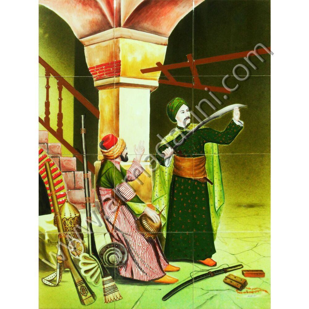 60x80 Osman Hamdi Bey Silah Taciri Cini Pano Kütahya ve iznik çinileri el yapımı çini karo klasik türk çini sanatı desenleri osmanlı motifleri türk hamamı çini pano banyo mutfak çiniler seramik dekorasyon hand made interior ceramic tiles decoration turkısh bath bathroom çini fiyatları satıcıları fabrikalar