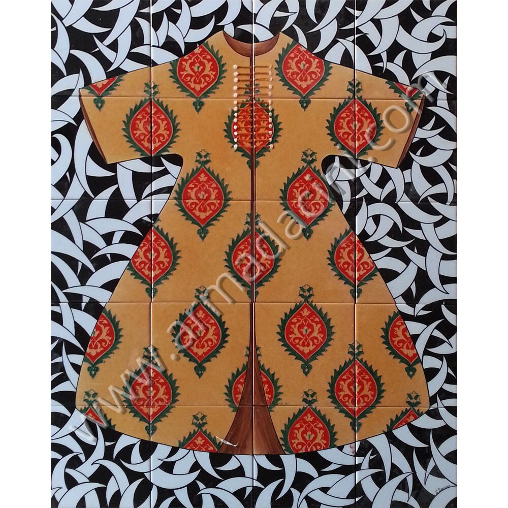 80x100 Osmanlı Hanedan Kaftanları Sarı Cini Pano Kütahya ve iznik çinileri el yapımı çini karo klasik türk çini sanatı desenleri osmanlı motifleri türk hamamı çini pano banyo mutfak tezgah arası çiniler seramik dekorasyon hand made interior ceramic tiles decoration turkısh bath bathroom çini örnekleri saray cariye