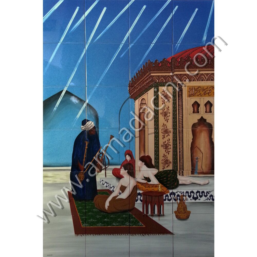 80x120 Osmanlı Sarayı Hamamda Nargileci Cariyeler Kütahya ve iznik çinileri el yapımı çini karo klasik türk çini sanatı desenleri osmanlı motifleri türk hamamı çini pano banyo mutfak tezgah arası çiniler seramik dekorasyon hand made interior ceramic tiles decoration turkısh bath bathroom çini örnekleri saray cariye
