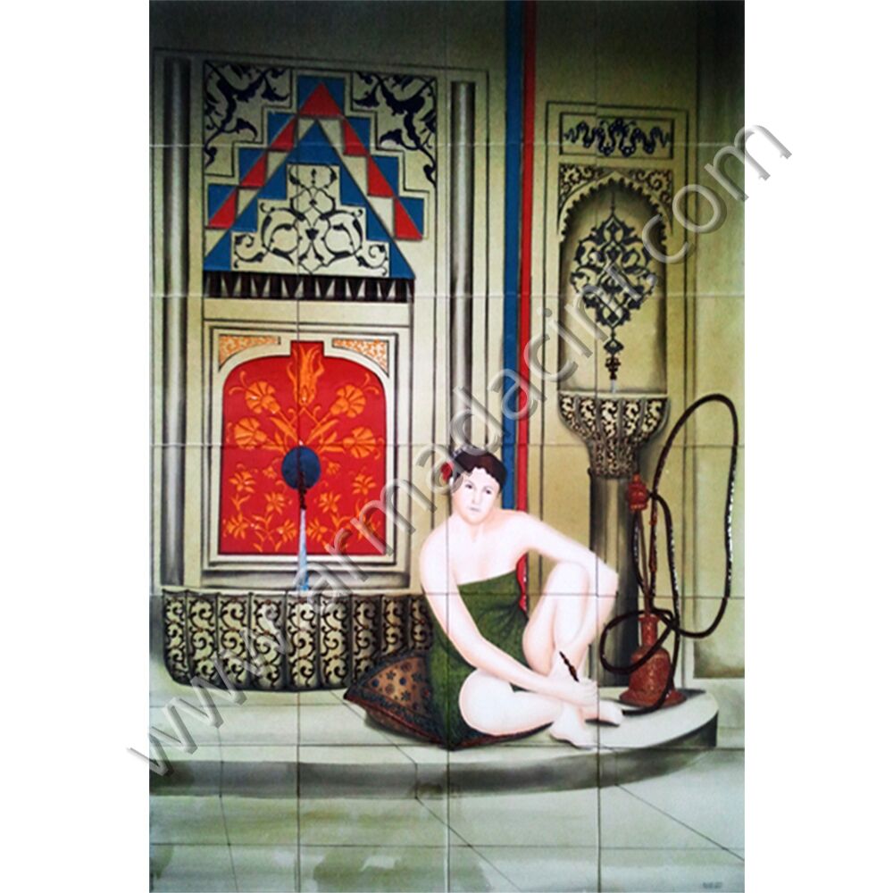 80x120 Turk Hamamı Nargile Icen Kadın Cini Pano Kütahya ve iznik çinileri el yapımı çini karo klasik türk çini sanatı desenleri osmanlı motifleri türk hamamı çini pano banyo mutfak tezgah arası çiniler seramik dekorasyon hand made interior ceramic tiles decoration turkısh bath bathroom çini örnekleri saray cariye
