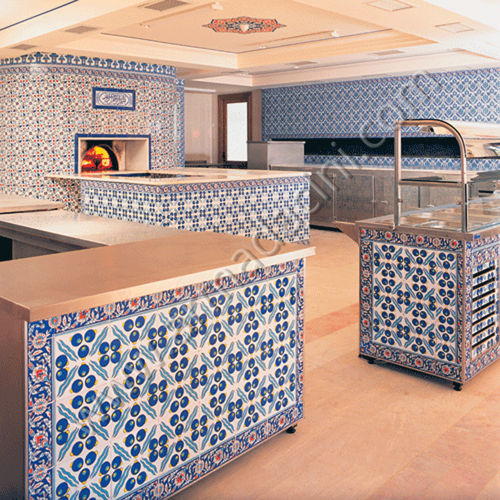 Otel Restoran Duvar Çini Kaplama Modeli Örneği Kütahya ve iznik çinileri el yapımı çini karo çini pano çiniler seramik dekorasyon hand made interior tiles