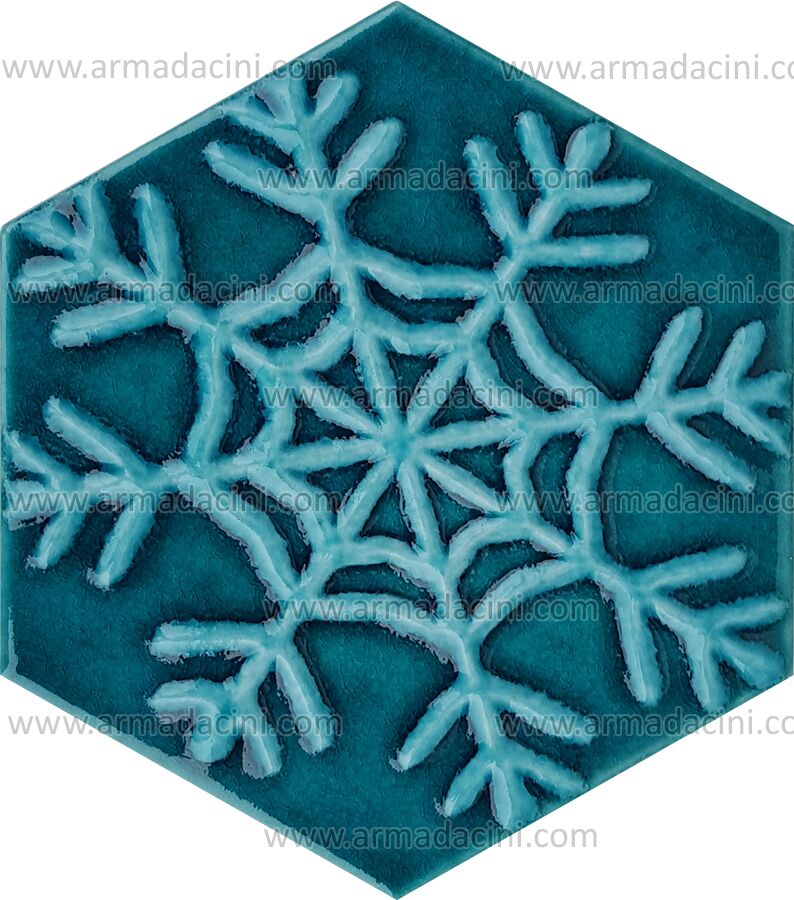 Relief Snowflake Patterned Hexagonal Turquoise Color Ceramic Tile in various forms embossed tile ceramic patterns patterns designs hotel hotel spa thermal cafe cafe design models designs ceramics