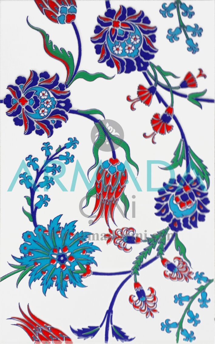 25x40 SP-405 Desenli İznik Çini Karo Modeli (Lale-Karanfil Desenli) Türk Hamamı Banyo Mutfak Cafe Restoran Cami Çinisi Çinileri Kütahya Seramik Porselen
