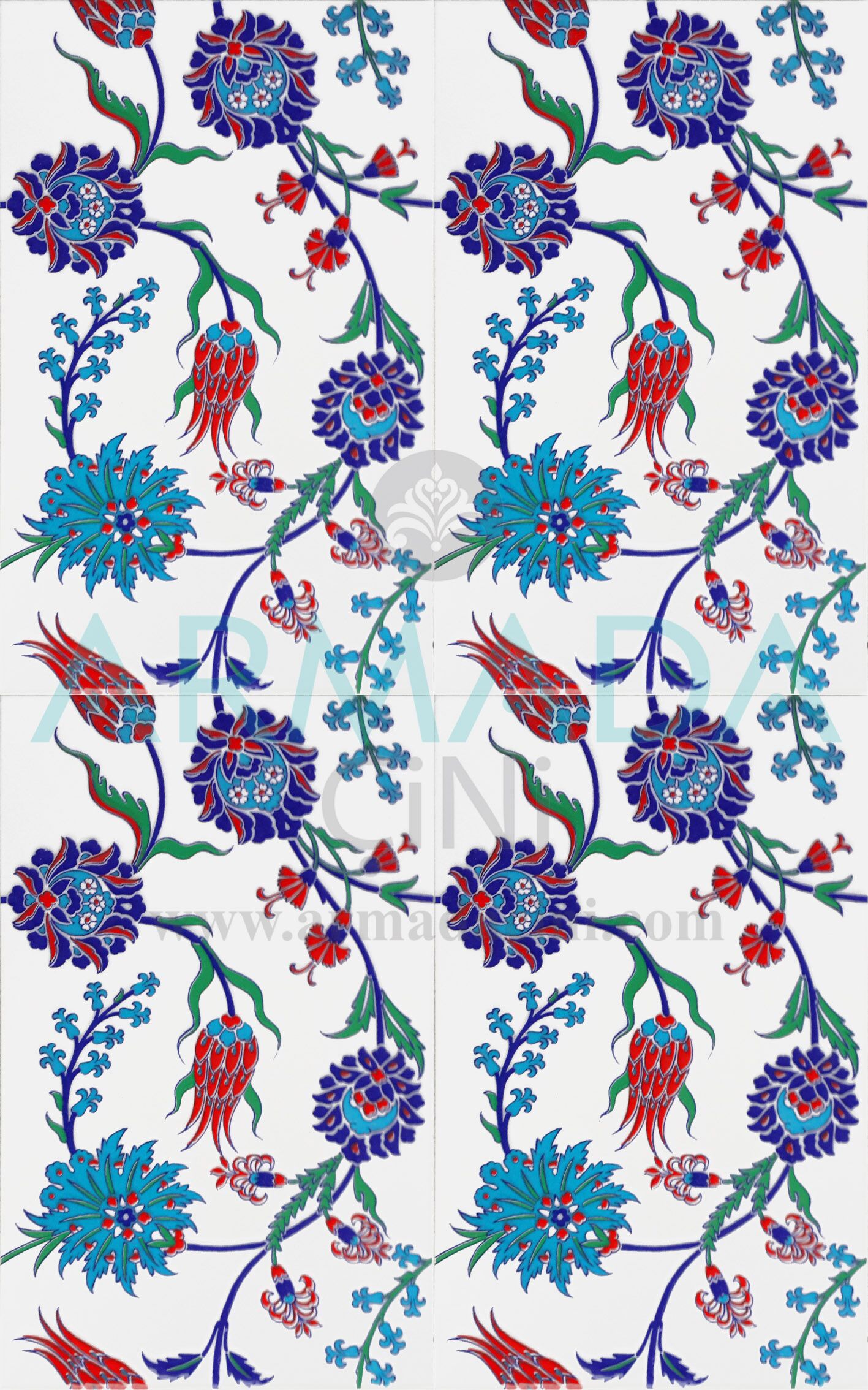 25x40 SP-405 Desenli İznik Çini Karo Modeli (Lale-Karanfil Desenli) Türk Hamamı Banyo Mutfak Cafe Restoran Cami Çinisi Çinileri Kütahya Seramik Porselen ottoman iznik tulip pattern ceramic tiles
