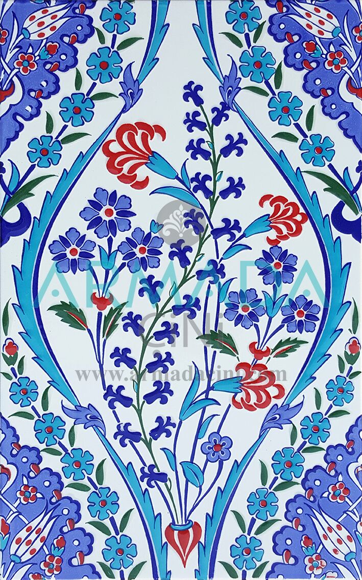 25x40 SP-418 Patterned Iznik Tile Tile Model (Carnation) Turquoise Cobalt Colored Flower Patterned Bottomed Kütahya Tile Tile Pattern Patterns Ceramics