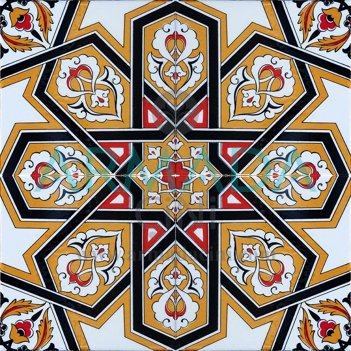 20x20 SP-72 Desenli İznik Çini Karo Modeli (Sarı Yıldız) Türkmen Yıldızı Desenli Çiniler Çini Karolar Seramikler ottoman turkish bath kitchen wall tiles interiorr islamic art galery