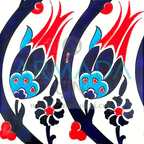 20x20 SP-77 Desenli İznik Çini Karo Modeli (Lale) İri Desenli Lale Motifli Sarmal Lale Deseni İznik Çini Karo Seramik Ulama Desenler Kolon Hamam Çinisi Pano