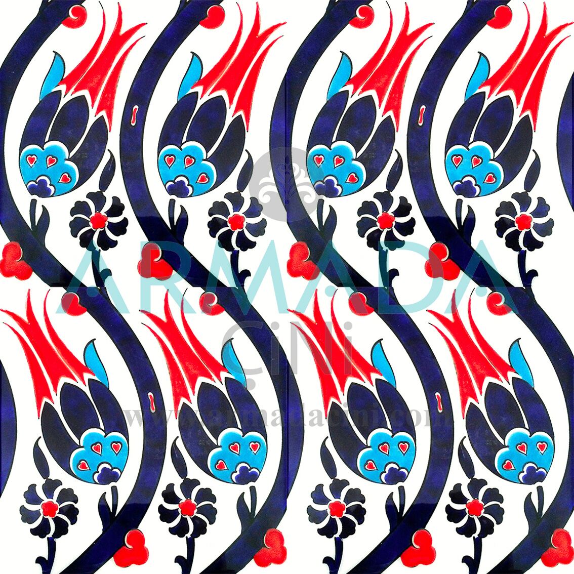 20x20 SP-77 Desenli İznik Çini Karo Modeli (Lale) İri Desenli Lale Motifli Sarmal Lale Deseni İznik Çini Karo Seramik Ulama Desenler Kolon Hamam Çinisi Pano tıulip pattern islamic art galery turkish bathrom kitchen wll ceramic tiles