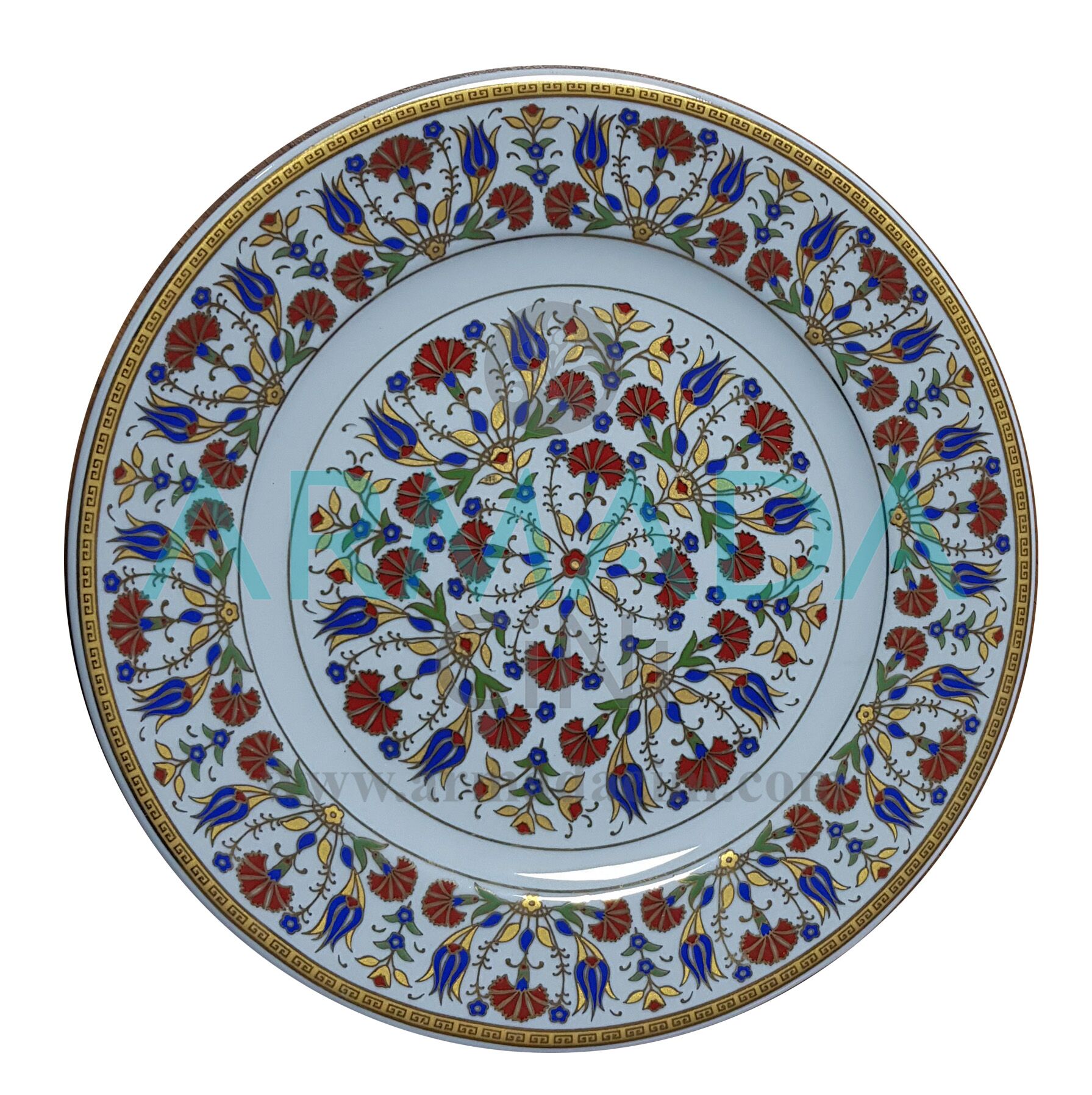 Lale Karanfil Desenli Altın Yaldızlı Porselen Tabak Hesaplı Güzel Kabartmalı Samur Düz Fırça işi El Boyaması El Yapımı El İşi Çini Tabak Modelleri Tabaklar