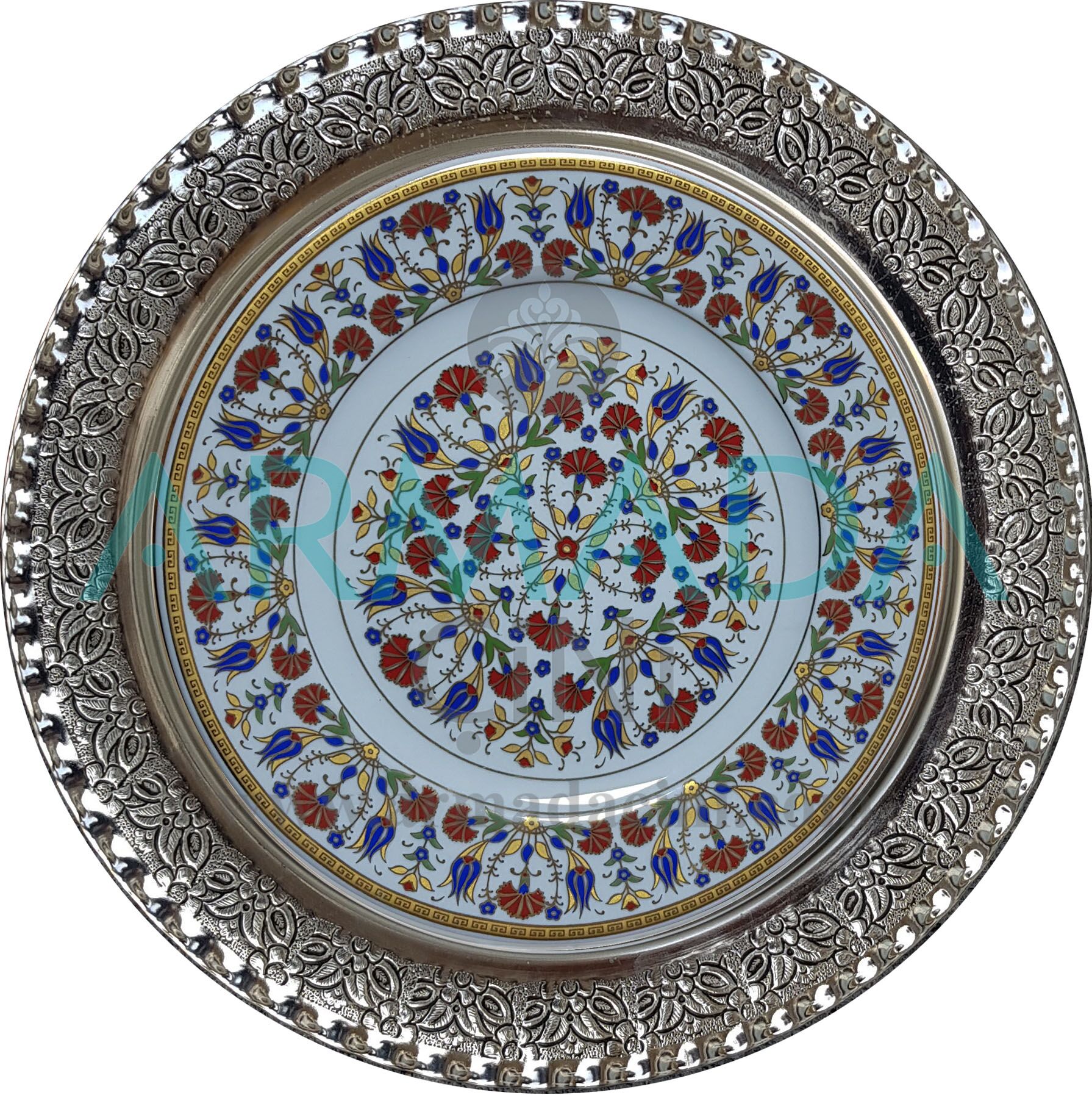 Lale Karanfil Desenli Altın Yaldızlı Porselen Tabak Hesaplı Güzel Kabartmalı Samur Düz Fırça işi El Boyaması El Yapımı El İşi Çini Tabak Modelleri Tabaklar